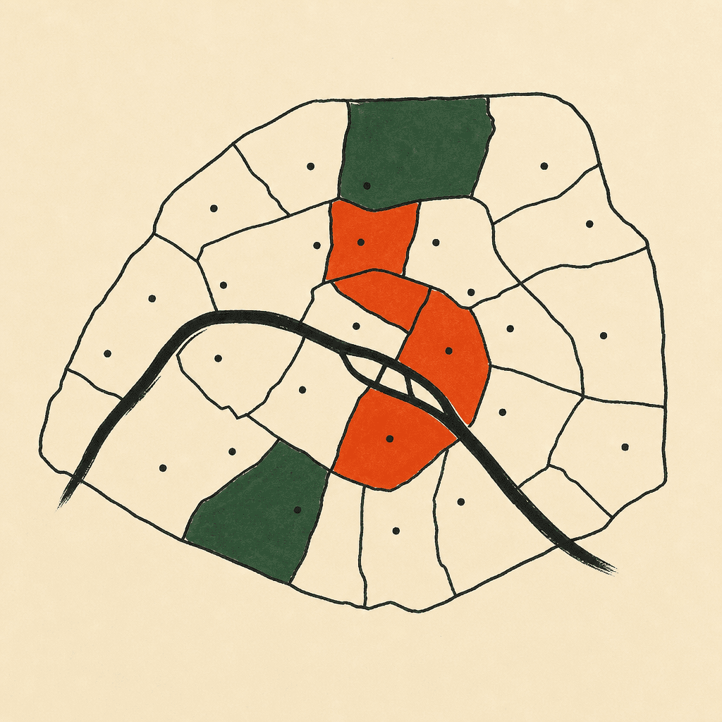 Carte de Paris dessinée à la main, avec le 2e, le 4e et le 13e en couleur